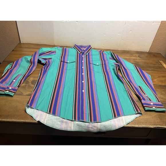 Vintage Wrangler Brushpopper Western Striped Button Up X-Long Tails 17x36 USA - Picture 7 of 15